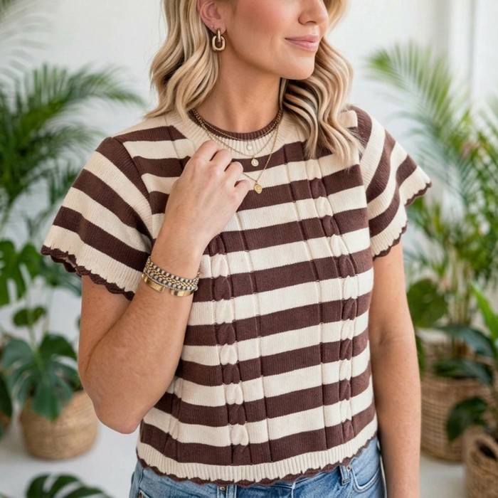 Stripe & Stitch Knit Cable Sweater | S-XL