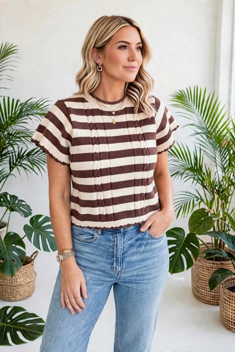 Stripe & Stitch Knit Cable Sweater | S-XL