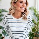  Striped Ribbed Trim Long Sleeve Top