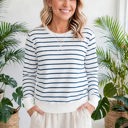  Striped Ribbed Trim Long Sleeve Top