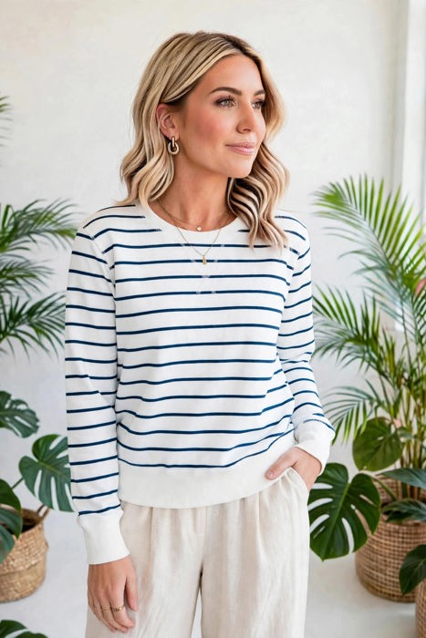Striped Ribbed Trim Long Sleeve Top