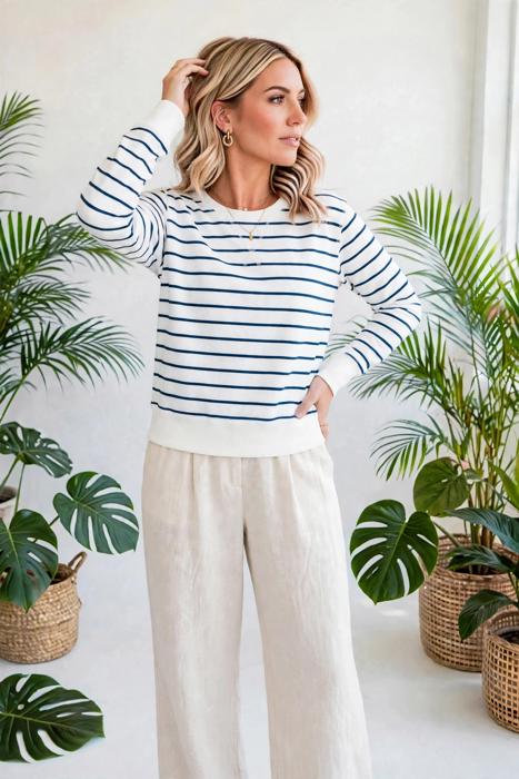 Striped Ribbed Trim Long Sleeve Top