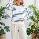  Striped Ribbed Trim Long Sleeve Top