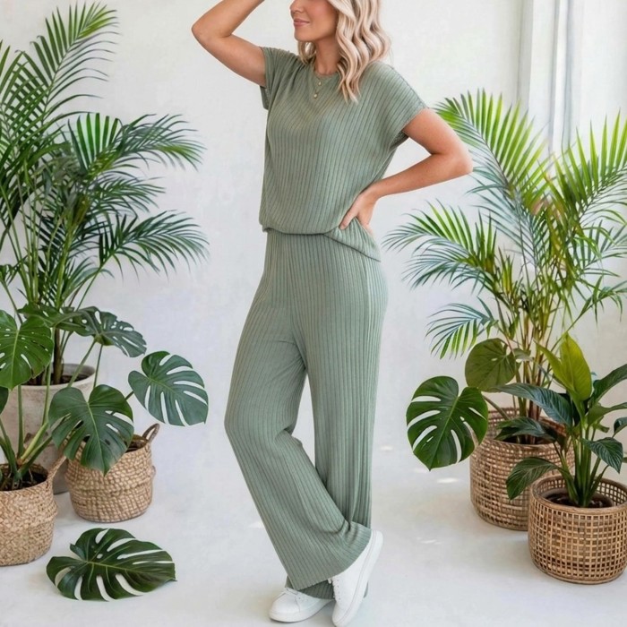 Short Sleeve Wide Leg Ribbed Jumpsuit | S-XXL