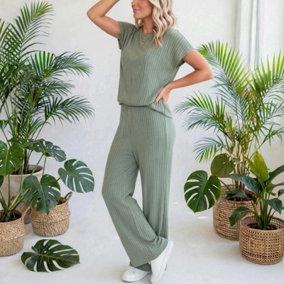 Short Sleeve Wide Leg Ribbed Jumpsuit | S-XXL