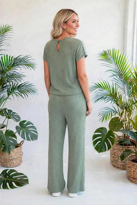 Short Sleeve Wide Leg Ribbed Jumpsuit | S-XXL