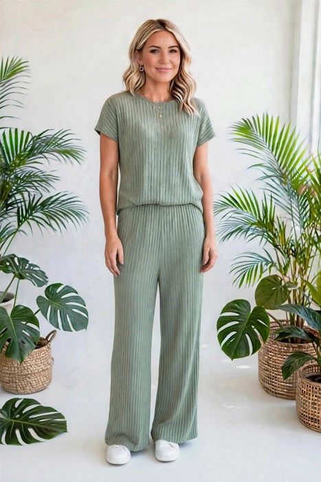 Short Sleeve Wide Leg Ribbed Jumpsuit | S-XXL