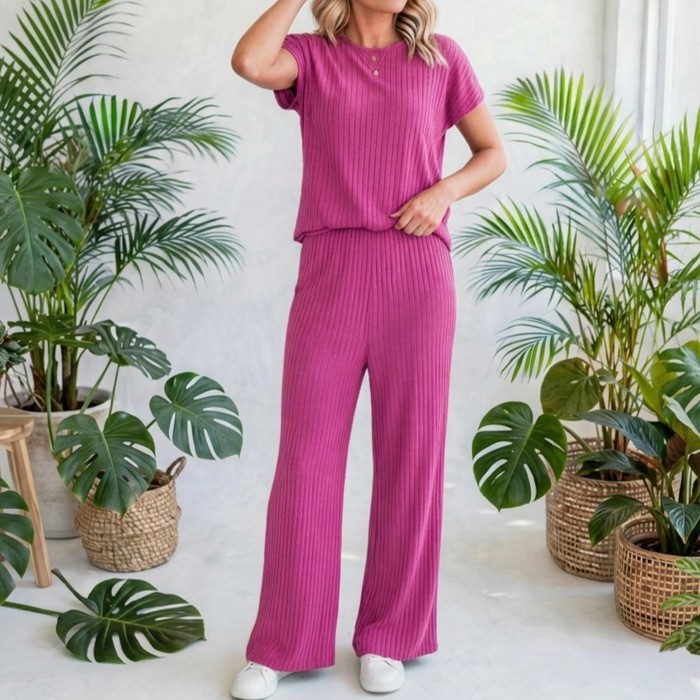 Short Sleeve Wide Leg Ribbed Jumpsuit | S-XXL