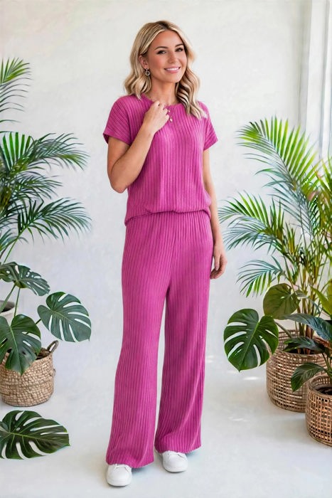 Short Sleeve Wide Leg Ribbed Jumpsuit | S-XXL