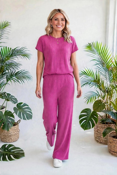 Short Sleeve Wide Leg Ribbed Jumpsuit | S-XXL
