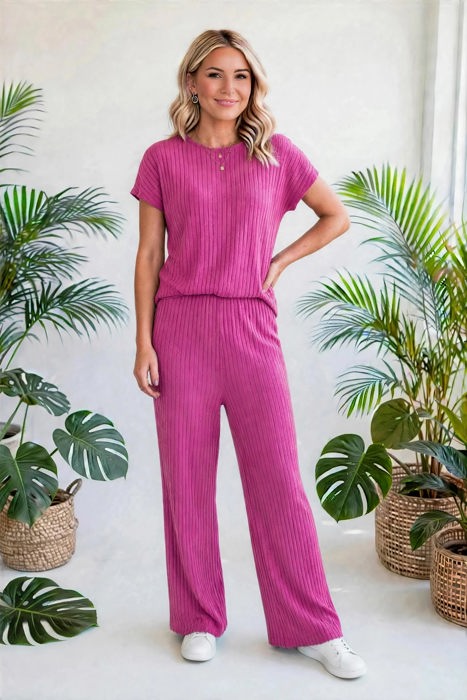 Short Sleeve Wide Leg Ribbed Jumpsuit | S-XXL