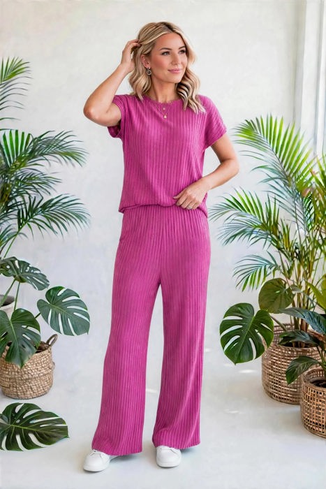 Short Sleeve Wide Leg Ribbed Jumpsuit | S-XXL