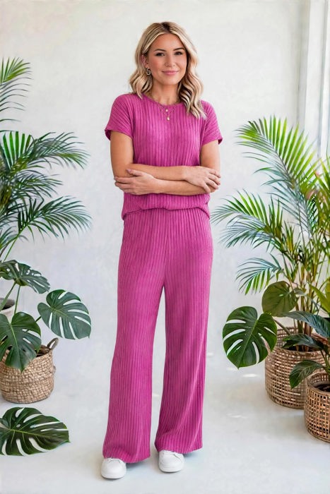 Short Sleeve Wide Leg Ribbed Jumpsuit | S-XXL