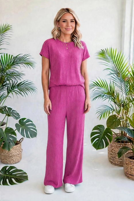 Short Sleeve Wide Leg Ribbed Jumpsuit | S-XXL