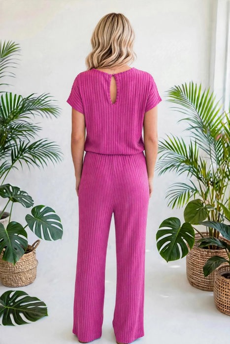 Short Sleeve Wide Leg Ribbed Jumpsuit | S-XXL