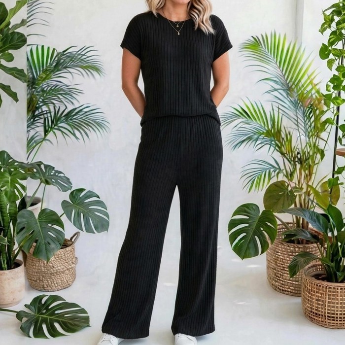 Short Sleeve Wide Leg Ribbed Jumpsuit | S-XXL