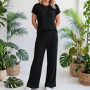 Small Black Short Sleeve Wide Leg Ribbed Jumpsuit | S-XXL