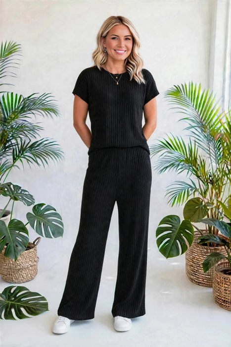 Short Sleeve Wide Leg Ribbed Jumpsuit | S-XXL
