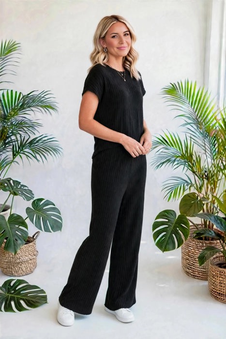 Short Sleeve Wide Leg Ribbed Jumpsuit | S-XXL