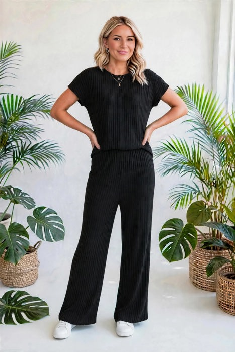 Short Sleeve Wide Leg Ribbed Jumpsuit | S-XXL