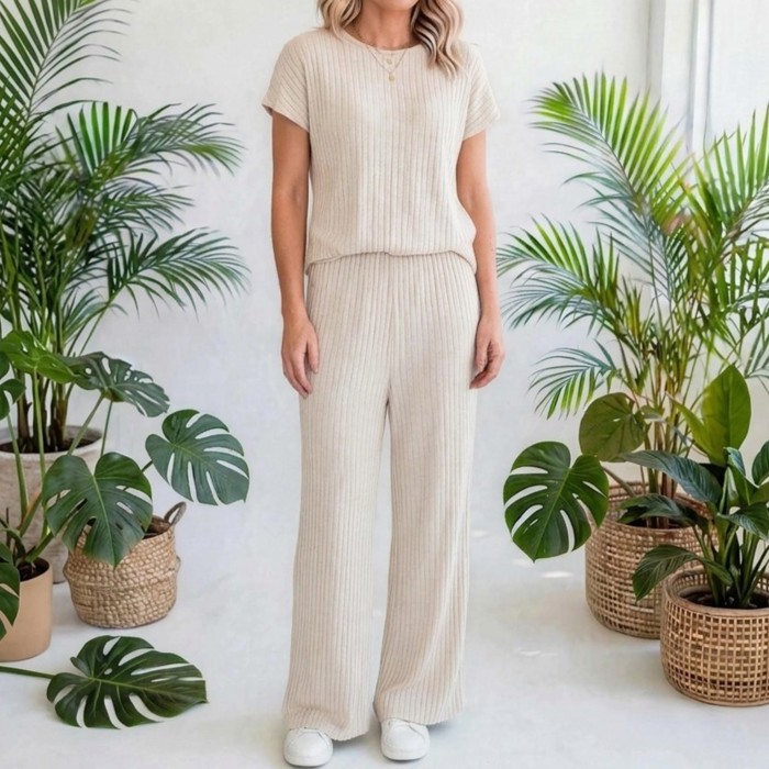 Short Sleeve Wide Leg Ribbed Jumpsuit | S-XXL
