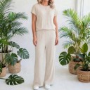 Medium Parchment Short Sleeve Wide Leg Ribbed Jumpsuit | S-XXL