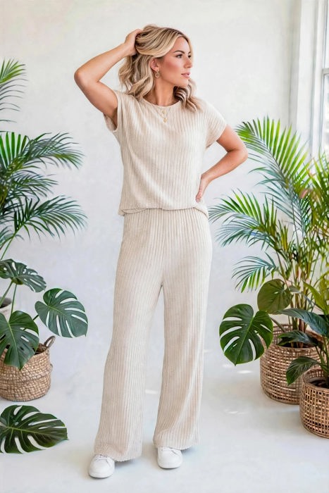 Short Sleeve Wide Leg Ribbed Jumpsuit | S-XXL