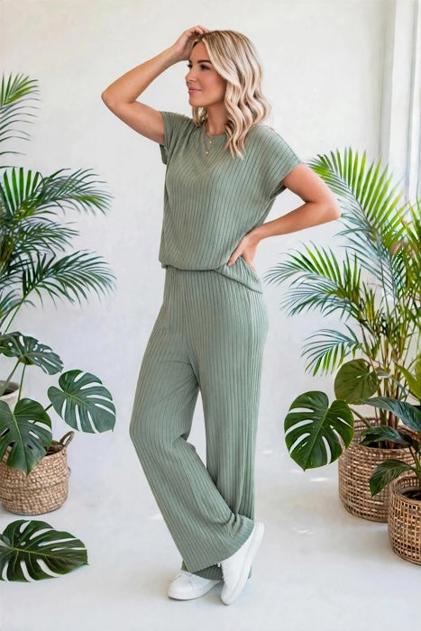 Short Sleeve Wide Leg Ribbed Jumpsuit | S-XXL