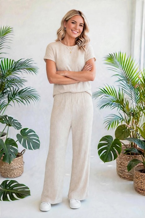 Short Sleeve Wide Leg Ribbed Jumpsuit | S-XXL