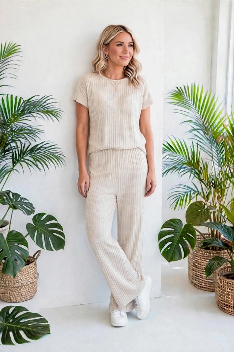 Short Sleeve Wide Leg Ribbed Jumpsuit | S-XXL