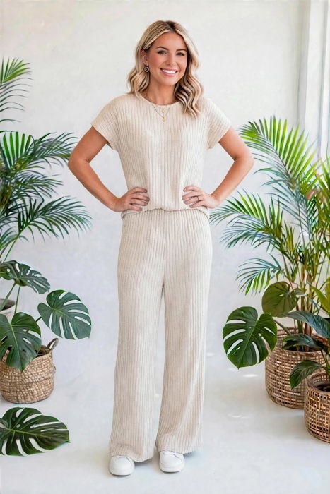 Short Sleeve Wide Leg Ribbed Jumpsuit | S-XXL