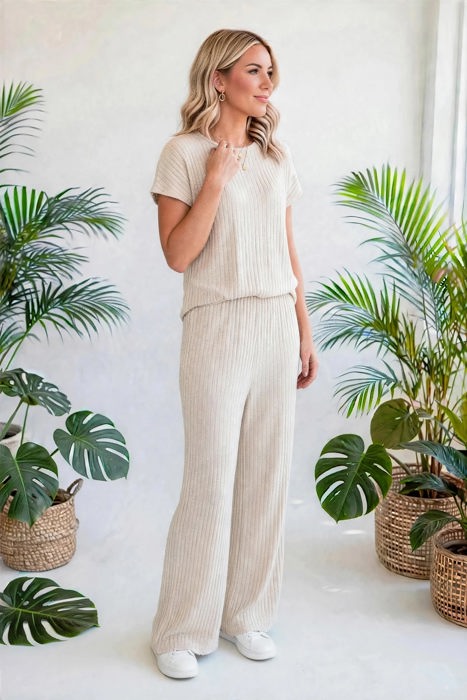 Short Sleeve Wide Leg Ribbed Jumpsuit | S-XXL