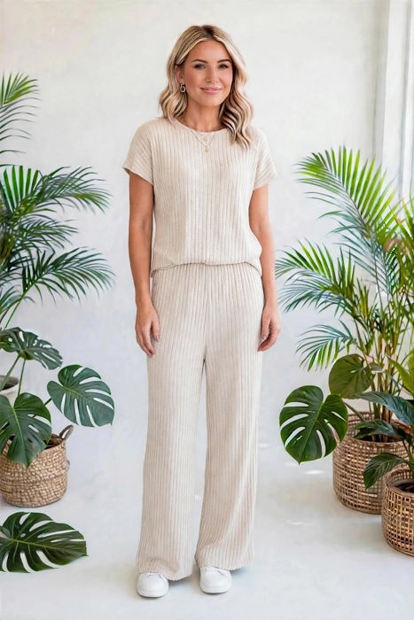 Short Sleeve Wide Leg Ribbed Jumpsuit | S-XXL