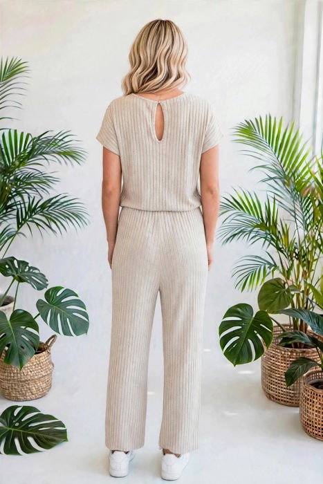Short Sleeve Wide Leg Ribbed Jumpsuit | S-XXL