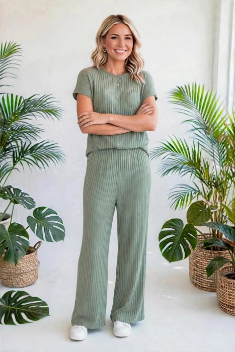 Short Sleeve Wide Leg Ribbed Jumpsuit | S-XXL