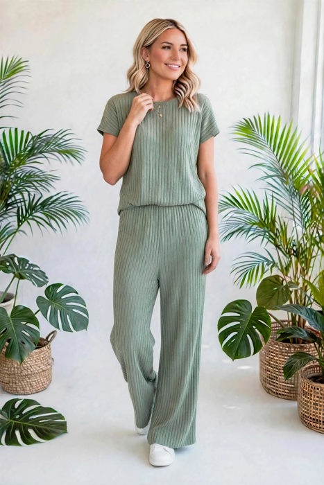 Short Sleeve Wide Leg Ribbed Jumpsuit | S-XXL