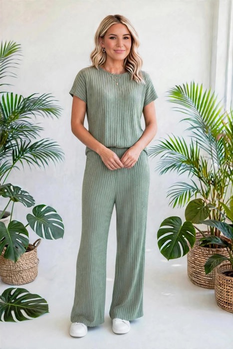 Short Sleeve Wide Leg Ribbed Jumpsuit | S-XXL