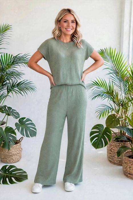 Short Sleeve Wide Leg Ribbed Jumpsuit | S-XXL