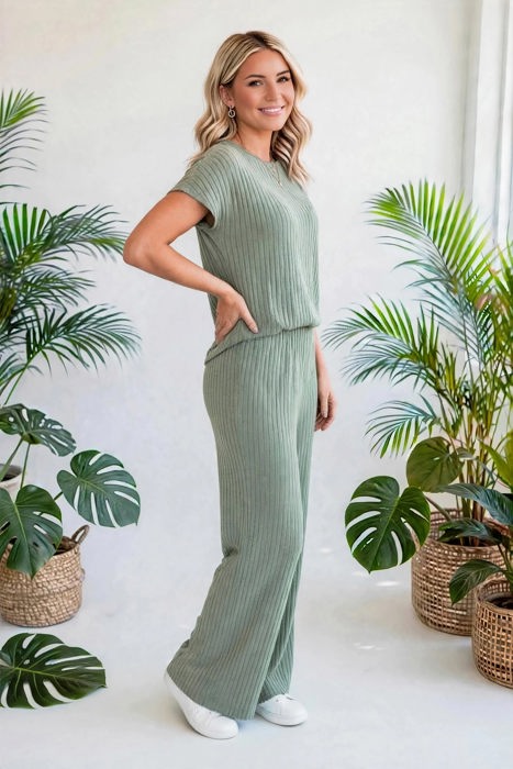 Short Sleeve Wide Leg Ribbed Jumpsuit | S-XXL