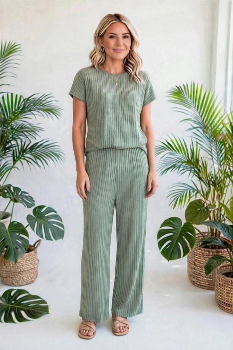 Short Sleeve Wide Leg Ribbed Jumpsuit | S-XXL