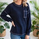 Small Blue Contrast Stitching Trim Pullover | Free Shipping