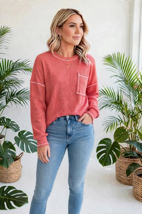 Contrast Stitching Trim Pullover | Free Shipping