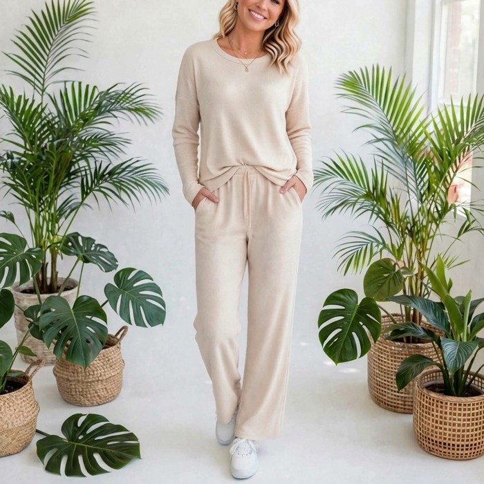 Textured Long Sleeve Tops and Pants Lounge Set | S-2XL