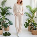 Small Beige Textured Long Sleeve Tops and Pants Lounge Set | S-2XL