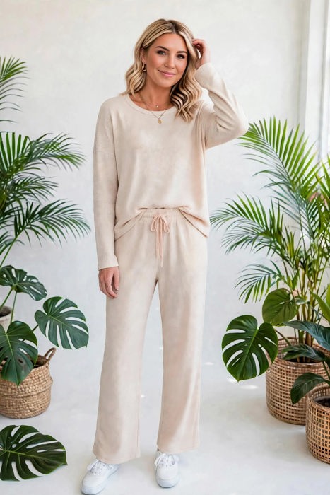 Textured Long Sleeve Tops and Pants Lounge Set | S-2XL