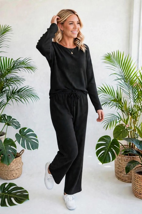 Textured Long Sleeve Tops and Pants Lounge Set | S-2XL