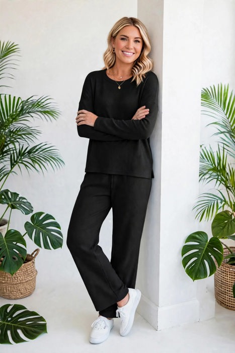 Textured Long Sleeve Tops and Pants Lounge Set | S-2XL