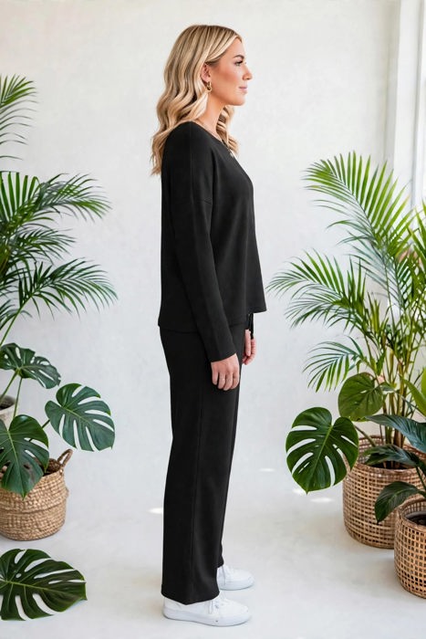 Textured Long Sleeve Tops and Pants Lounge Set | S-2XL