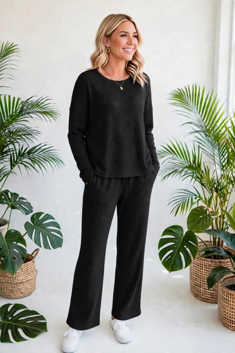 Textured Long Sleeve Tops and Pants Lounge Set | S-2XL