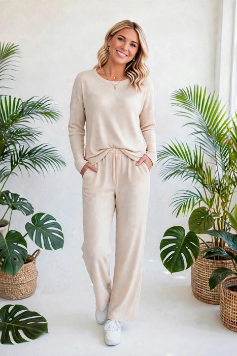 Textured Long Sleeve Tops and Pants Lounge Set | S-2XL